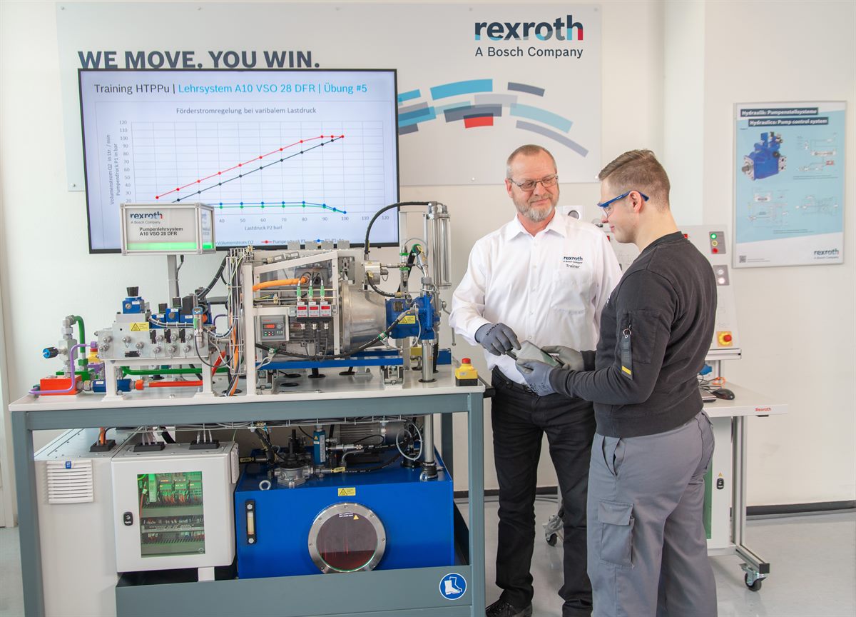 Energie sparen und Prozesse optimieren: Im überarbeiteten Pumpentraining von Bosch Rexroth lernen die Teilnehmer Hydraulikpumpen bei der Wiederinbetriebnahme fachgerecht einzustellen. 