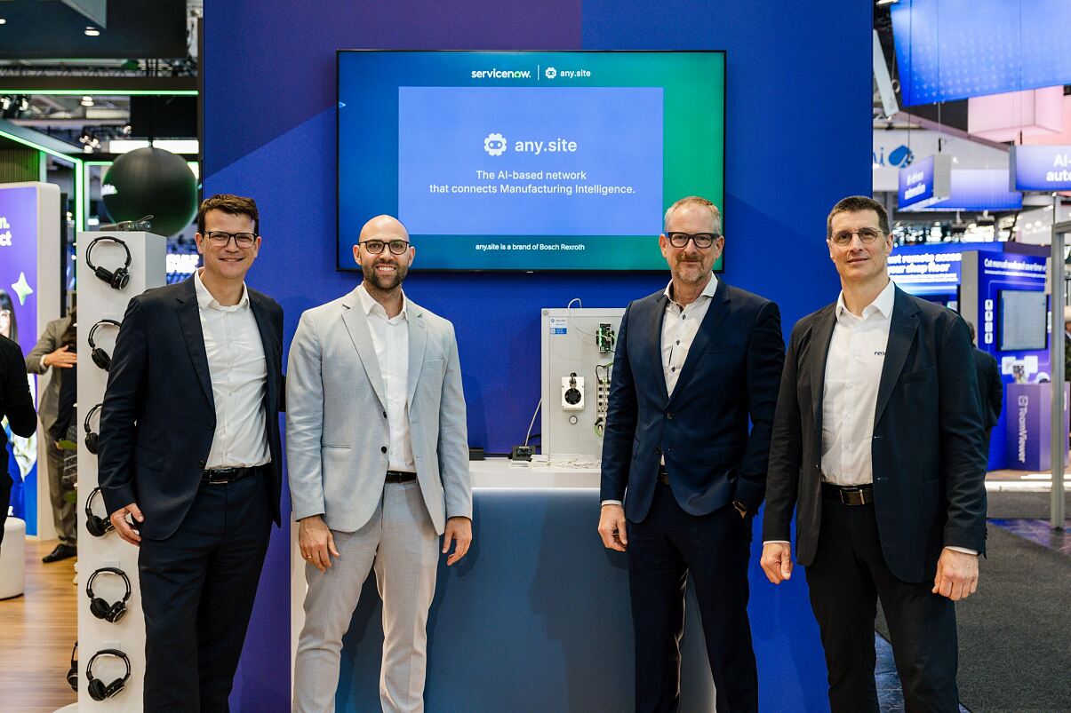 Auf der Hannover Messe 2026 bekräftigen Bosch Rexroth und weitere Unternehmen ihre künftige Zusammenarbeit zu any.site, einem unabhängigen KI-Netzwerk für die Industrie.