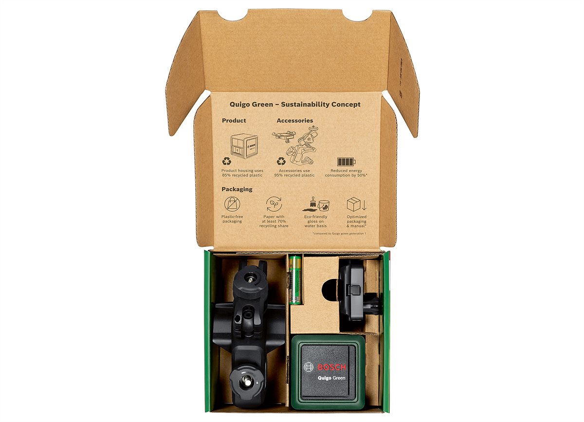 Weniger CO₂ und Abfall vom Produkt bis hin zur Verpackung: Neue Generation Quigo Green von Bosch für Heimwerker