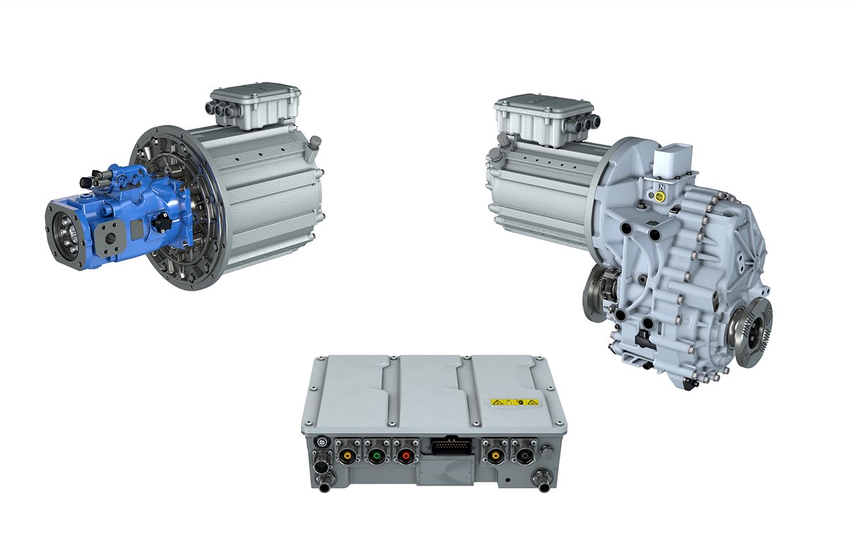 Die modulare und skalierbare Rexroth eLION-Plattform für die Elektrifizierung mobiler Arbeitsmaschinen umfasst Motoren-Generatoren, Inverter, Getriebe, Software und Zubehör sowie abgestimmte Hydraulik. 