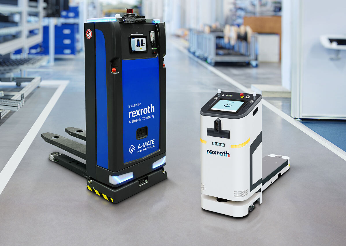 Autonome mobile Roboter wie der ACTIVE Shuttle von Bosch Rexroth und der A-MATE® FreeLift von K.Hartwall können unter der VDA 5050-fähigen Flottensteuerung ACTIVE Fleet Manager gemeinsame Transportaufgaben in der Intralogistik übernehmen.